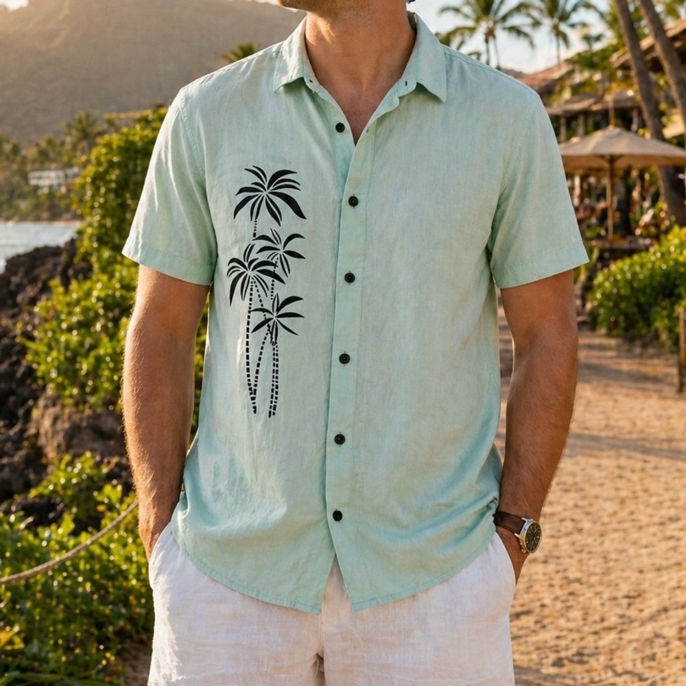 Manfinity Button Down Shirt Mens XXL Green 100% Cotton Palm Tree Tropical Casual
